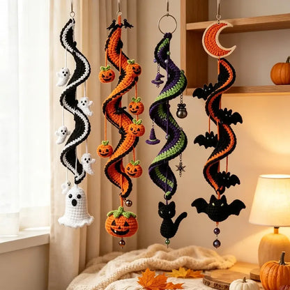 Halloween Crochet Spiral Wind Pattern – Ghost, Pumpkin, Cat & Bat Hanging Decor PDF