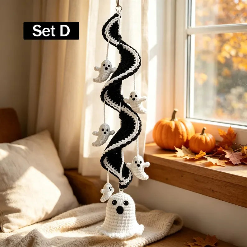 Halloween Crochet Spiral Wind Pattern – Ghost, Pumpkin, Cat & Bat Hanging Decor PDF