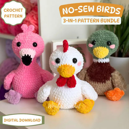 3-in-1 No-Sew Bird Crochet Pattern Bundle PDF | Flamingo Mallard Duck & Chicken Amigurumi | Cute Plush Pattern | Digital Download