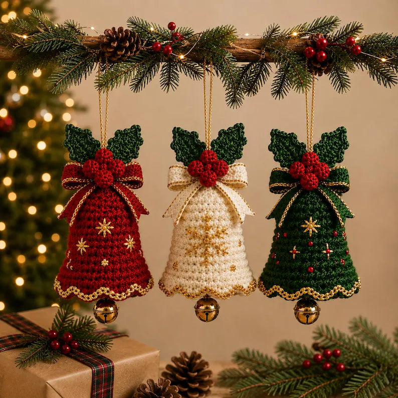 3-in-1 Christmas Bell Crochet Pattern PDF | Holiday Tree Ornaments with Holly & Bows | Festive Amigurumi Decor | Instant Download