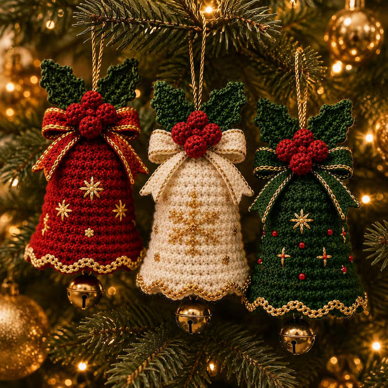 3-in-1 Christmas Bell Crochet Pattern PDF | Holiday Tree Ornaments with Holly & Bows | Festive Amigurumi Decor | Instant Download