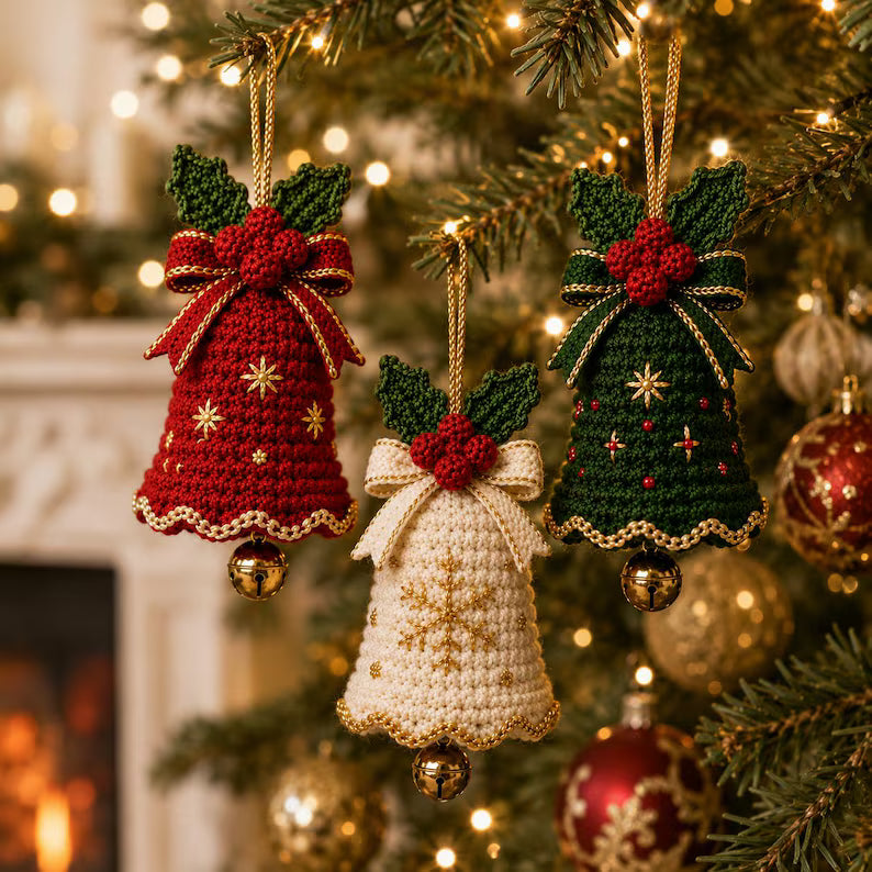 3-in-1 Christmas Bell Crochet Pattern PDF | Holiday Tree Ornaments with Holly & Bows | Festive Amigurumi Decor | Instant Download