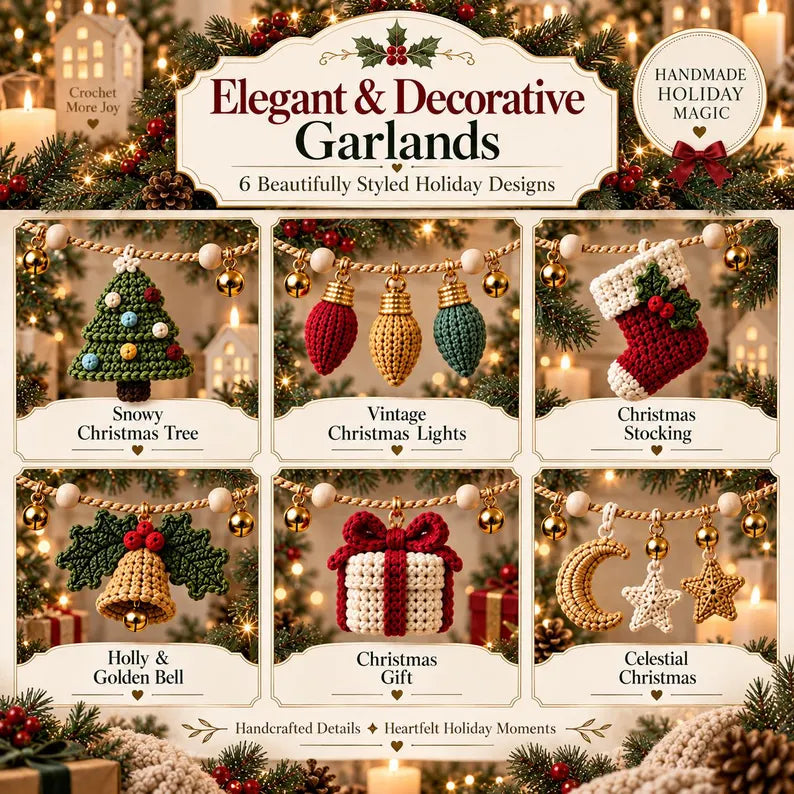 10-in-1 Christmas Crochet Garland Pattern Bundle PDF | 30+ Holiday Ornament Motifs | Santa, Reindeer, Snowman & Christmas Decor