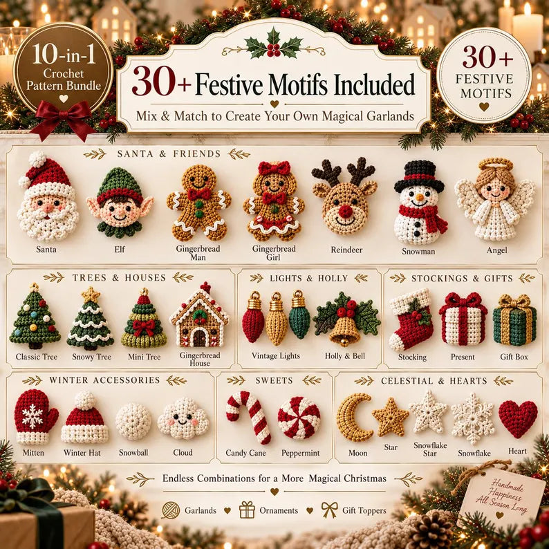10-in-1 Christmas Crochet Garland Pattern Bundle PDF | 30+ Holiday Ornament Motifs | Santa, Reindeer, Snowman & Christmas Decor