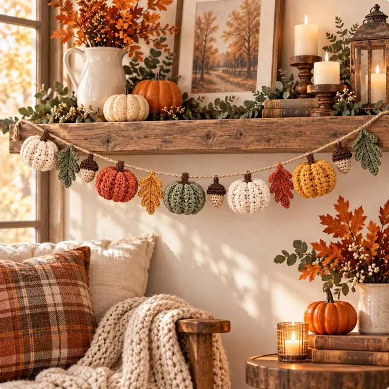 Pumpkin Garland Crochet Pattern PDF | Fall Mantel Decor | Autumn Pumpkin, Leaf & Acorn Garland | Thanksgiving Crochet Decoration | Digital Download