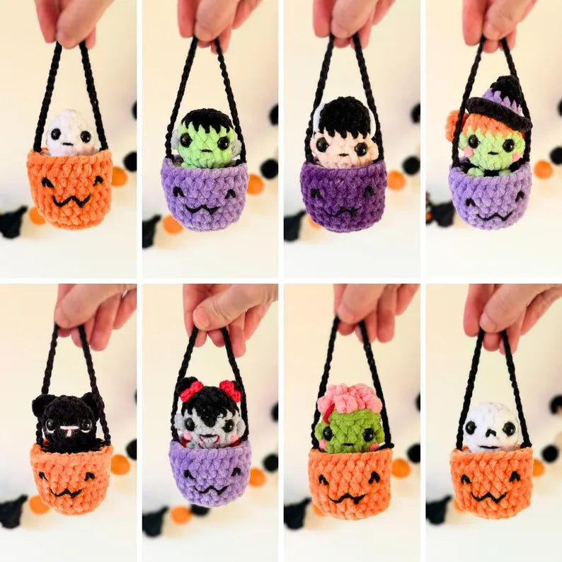 8-in-1 Boo Basket Popping Crochet Pattern Bundle PDF | Halloween Fidget Amigurumi | Ghost Witch Frankenstein Cat Skeleton | Digital Download