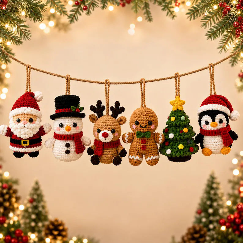 6-in-1 Christmas Crochet Ornament Pattern Bundle PDF | Santa, Snowman, Reindeer & Holiday Amigurumi | Hanging Decorations | Instant Download