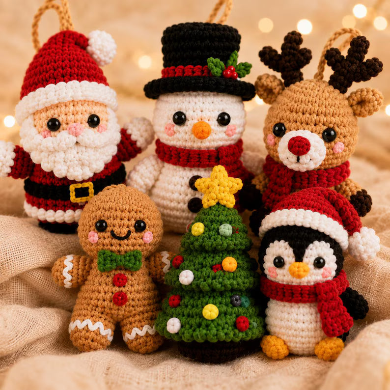 6-in-1 Christmas Crochet Ornament Pattern Bundle PDF | Santa, Snowman, Reindeer & Holiday Amigurumi | Hanging Decorations | Instant Download