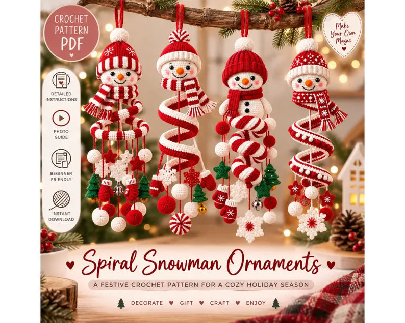 Snowman Spiral Hanging Crochet Pattern PDF | Christmas Snowman Ornament | Winter Amigurumi Mobile | Holiday Crochet Decor | Digital Download