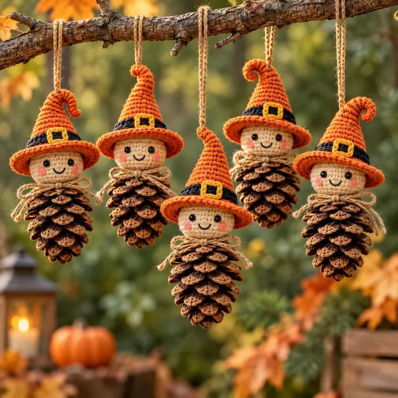 Crochet Pine Cone Witch Ornament Pattern PDF | Halloween Witch Amigurumi | Fall Woodland Hanging Decor | Autumn Crochet Pattern | Digital Download