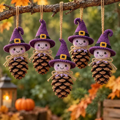 Crochet Pine Cone Witch Ornament Pattern PDF | Halloween Witch Amigurumi | Fall Woodland Hanging Decor | Autumn Crochet Pattern | Digital Download