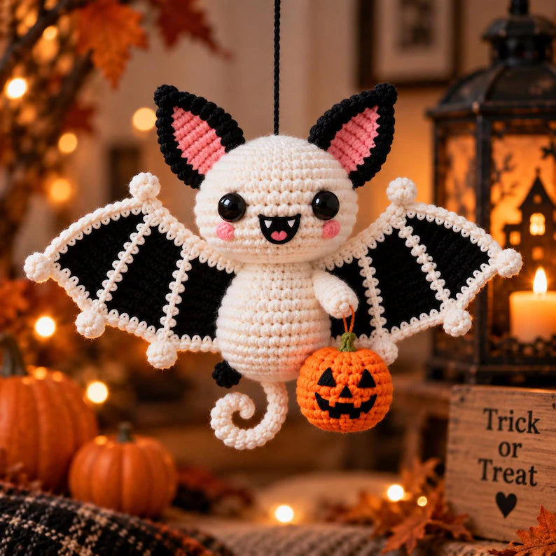3-in-1 Halloween Bat Crochet Pattern PDF | Cute Bat Amigurumi & Hanging Ornament | Pumpkin & Crescent Moon Bat Decor | Digital Download
