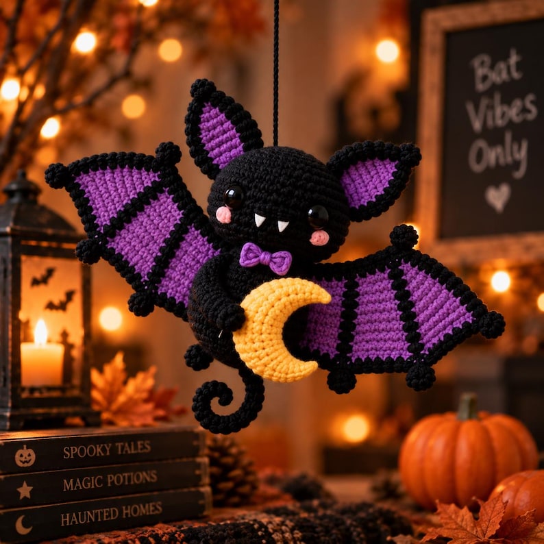3-in-1 Halloween Bat Crochet Pattern PDF | Cute Bat Amigurumi & Hanging Ornament | Pumpkin & Crescent Moon Bat Decor | Digital Download