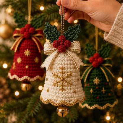 3-in-1 Christmas Bell Crochet Pattern PDF | Holiday Tree Ornaments with Holly & Bows | Festive Amigurumi Decor | Instant Download