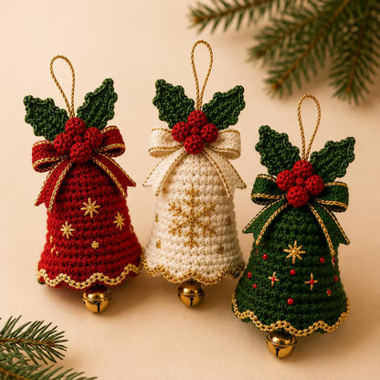 3-in-1 Christmas Bell Crochet Pattern PDF | Holiday Tree Ornaments with Holly & Bows | Festive Amigurumi Decor | Instant Download