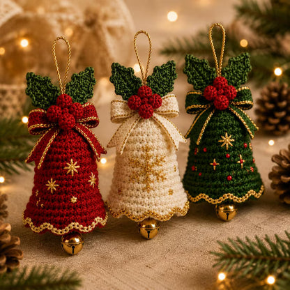 3-in-1 Christmas Bell Crochet Pattern PDF | Holiday Tree Ornaments with Holly & Bows | Festive Amigurumi Decor | Instant Download