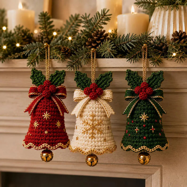3-in-1 Christmas Bell Crochet Pattern PDF | Holiday Tree Ornaments with Holly & Bows | Festive Amigurumi Decor | Instant Download