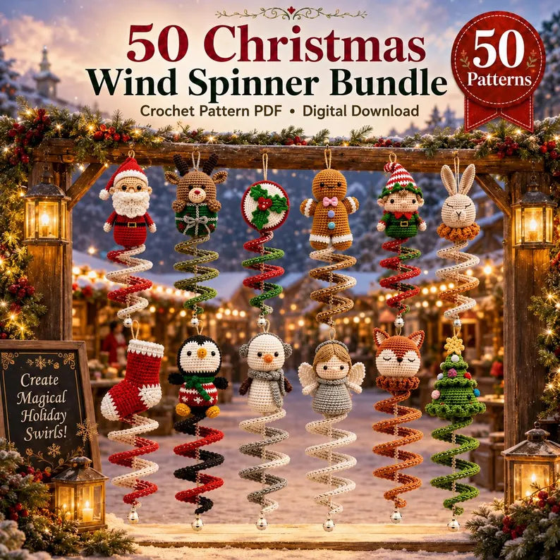 50-in-1 Christmas Wind Spinner Crochet Pattern Bundle PDF | Spiral Hanging Ornaments | Santa, Reindeer, Snowman & Holiday Decor