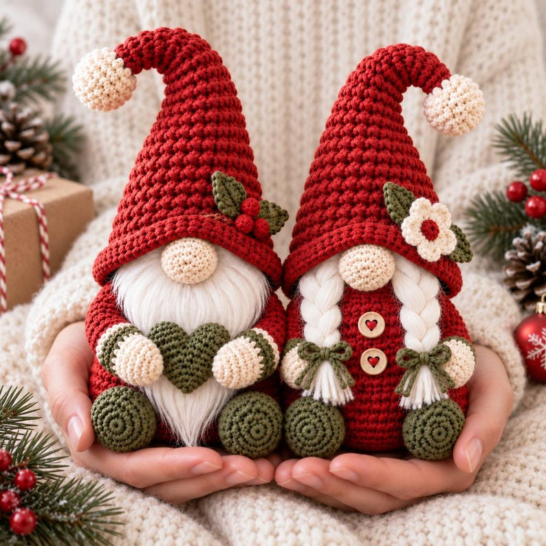 Christmas Gnome Couple Crochet Pattern PDF, Male and Female Amigurumi Gnomes, Holiday Shelf Sitters, Christmas Decor Pattern