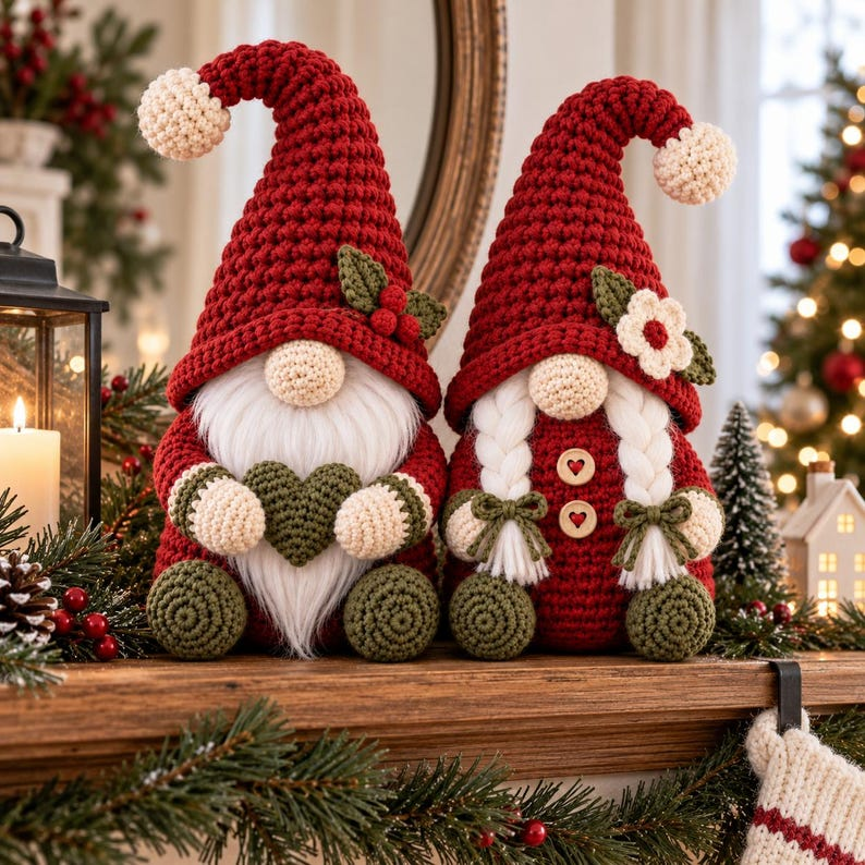 Christmas Gnome Couple Crochet Pattern PDF, Male and Female Amigurumi Gnomes, Holiday Shelf Sitters, Christmas Decor Pattern
