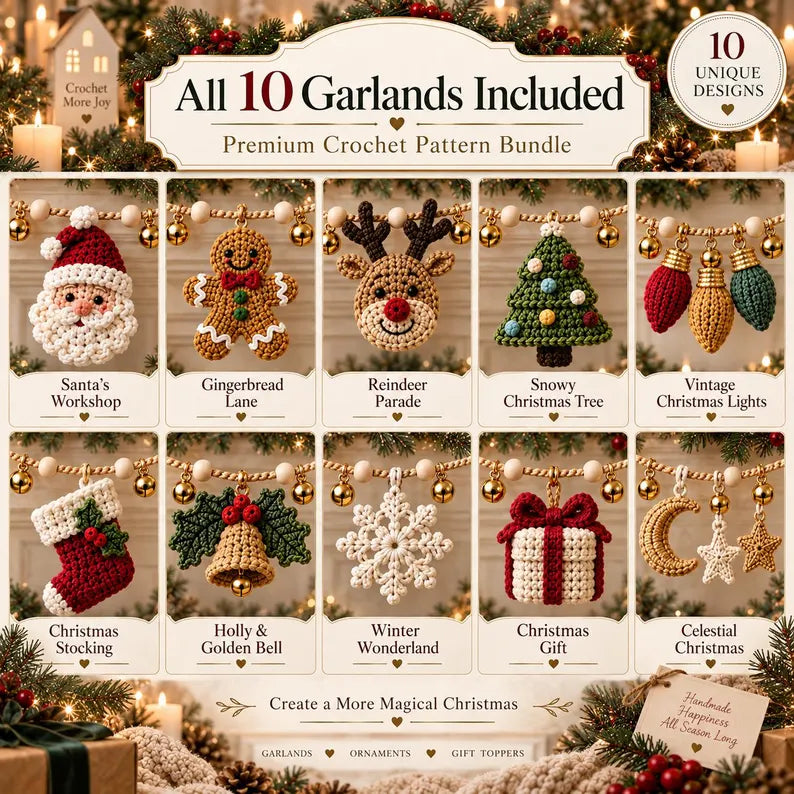 10-in-1 Christmas Crochet Garland Pattern Bundle PDF | 30+ Holiday Ornament Motifs | Santa, Reindeer, Snowman & Christmas Decor