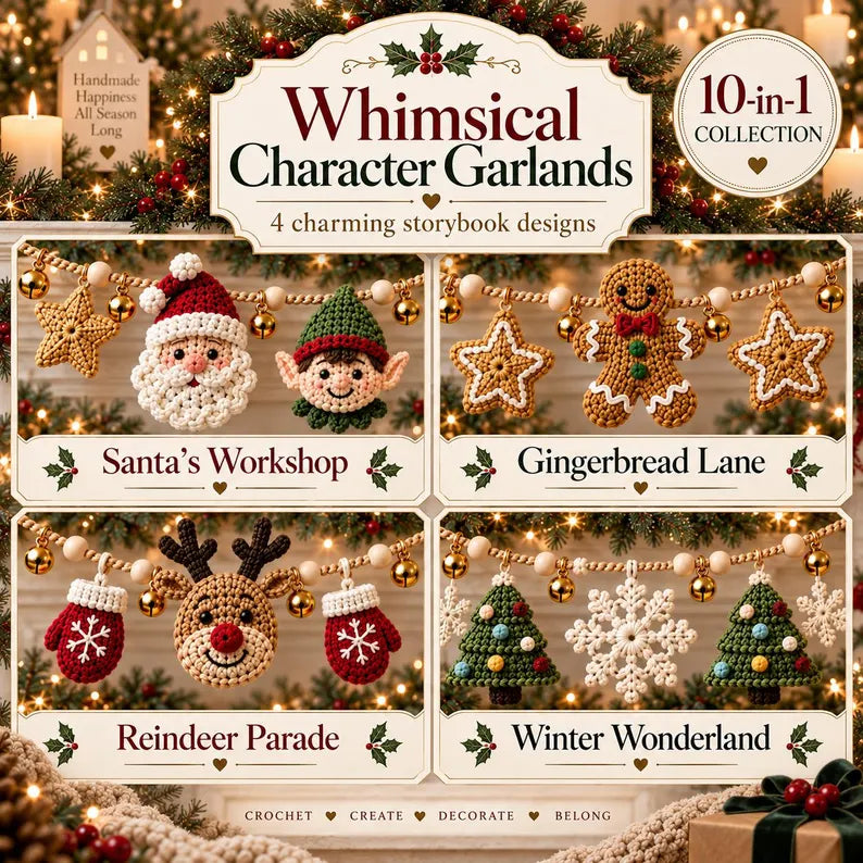 10-in-1 Christmas Crochet Garland Pattern Bundle PDF | 30+ Holiday Ornament Motifs | Santa, Reindeer, Snowman & Christmas Decor