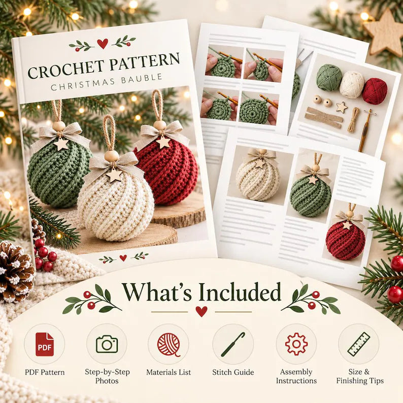 Crochet Christmas Bauble Ornament Pattern PDF | Twisted Rib Christmas Ball | Rustic Tree Decoration | Beginner Friendly Holiday Crochet | Instant Download