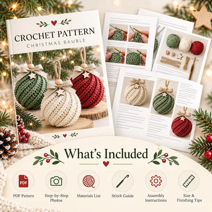 Crochet Christmas Bauble Ornament Pattern PDF | Twisted Rib Christmas Ball | Rustic Tree Decoration | Beginner Friendly Holiday Crochet | Instant Download
