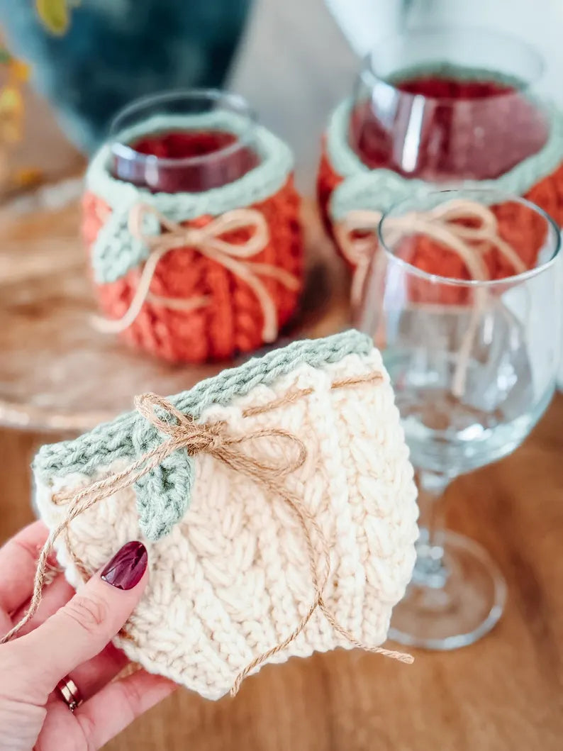 Wheat Stitch Wine Glass Cozy Crochet Pattern PDF | Pumpkin Glass Cover, Fall Table Decor | 4 Sizes + Video Tutorial | Instant Download