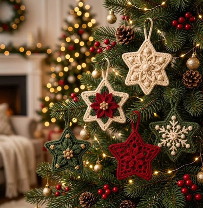 Christmas Crochet Star Ornament Pattern PDF | 5 Festive Star Designs | Crochet Christmas Tree Decorations | Holiday Hanging Ornament | Instant Download