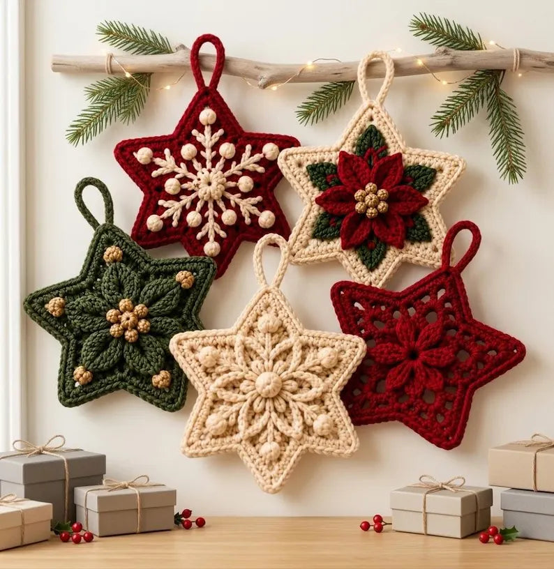 Christmas Crochet Star Ornament Pattern PDF | 5 Festive Star Designs | Crochet Christmas Tree Decorations | Holiday Hanging Ornament | Instant Download
