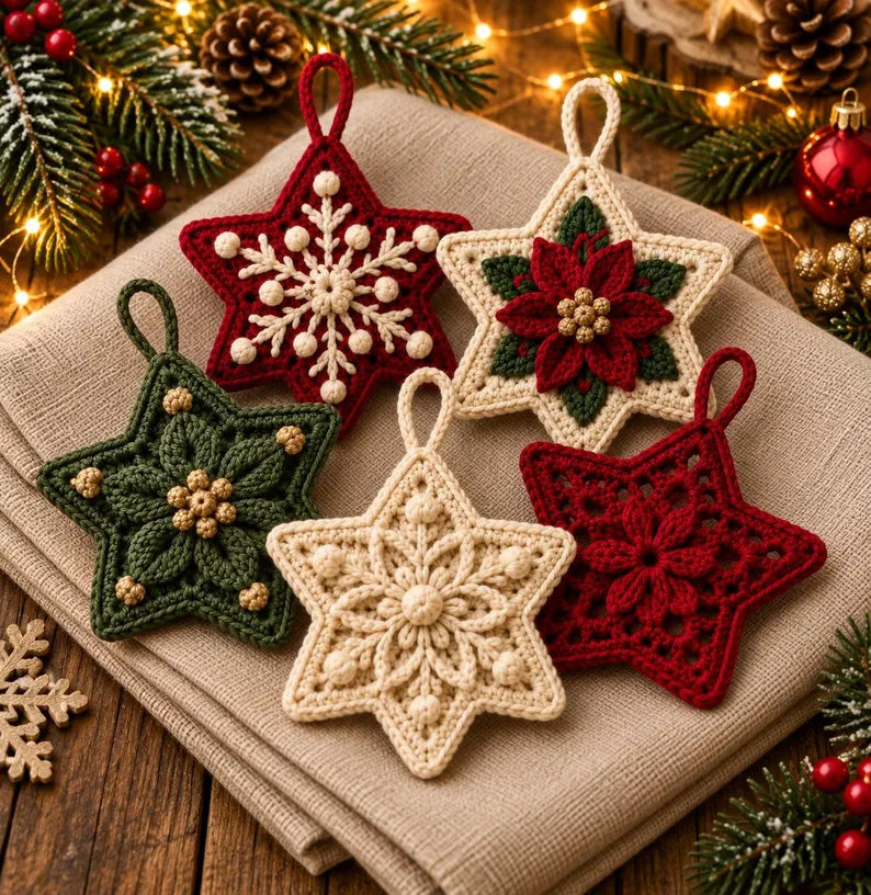 Christmas Crochet Star Ornament Pattern PDF | 5 Festive Star Designs | Crochet Christmas Tree Decorations | Holiday Hanging Ornament | Instant Download
