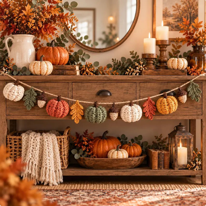 Pumpkin Garland Crochet Pattern PDF | Fall Mantel Decor | Autumn Pumpkin, Leaf & Acorn Garland | Thanksgiving Crochet Decoration | Digital Download