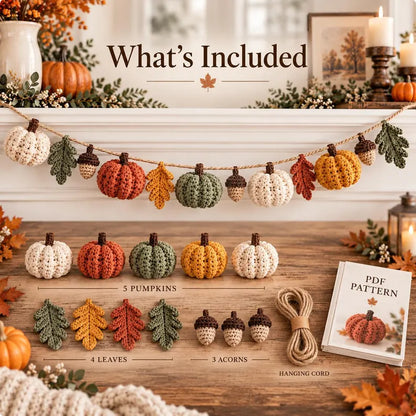 Pumpkin Garland Crochet Pattern PDF | Fall Mantel Decor | Autumn Pumpkin, Leaf & Acorn Garland | Thanksgiving Crochet Decoration | Digital Download