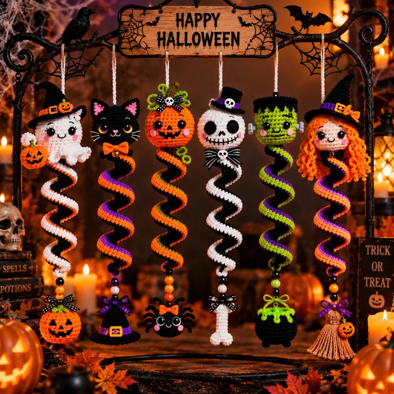 6-in-1 Halloween Spiral Ornament Crochet Pattern Bundle PDF | Ghost Black Cat Pumpkin Skull Frankenstein Witch | Spooky Hanging Decor