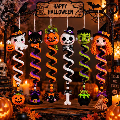 6-in-1 Halloween Spiral Ornament Crochet Pattern Bundle PDF | Ghost Black Cat Pumpkin Skull Frankenstein Witch | Spooky Hanging Decor