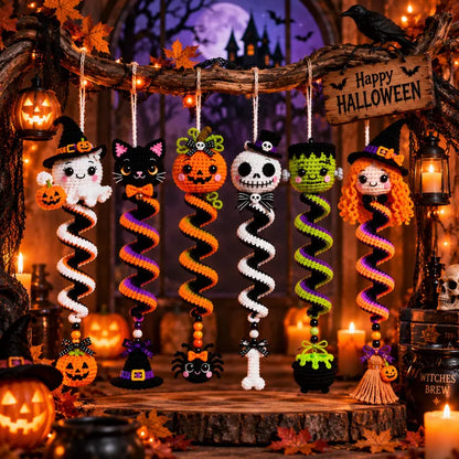 6-in-1 Halloween Spiral Ornament Crochet Pattern Bundle PDF | Ghost Black Cat Pumpkin Skull Frankenstein Witch | Spooky Hanging Decor