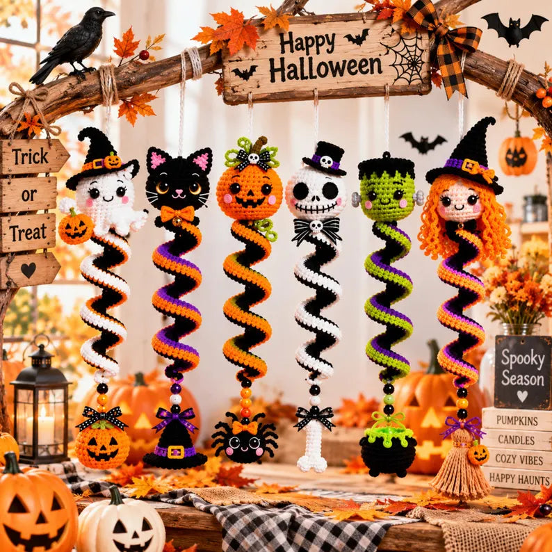 6-in-1 Halloween Spiral Ornament Crochet Pattern Bundle PDF | Ghost Black Cat Pumpkin Skull Frankenstein Witch | Spooky Hanging Decor