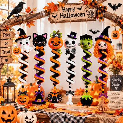6-in-1 Halloween Spiral Ornament Crochet Pattern Bundle PDF | Ghost Black Cat Pumpkin Skull Frankenstein Witch | Spooky Hanging Decor
