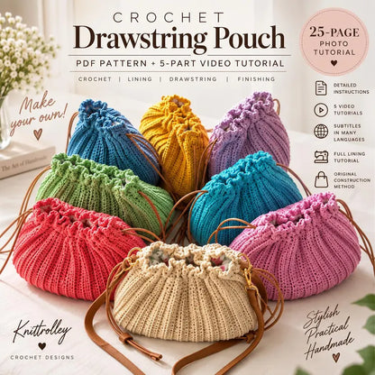 Crochet Drawstring Pouch Bag Pattern PDF | Lined Crochet Purse + Video Tutorial | Optional Crossbody Bag | Beginner Friendly Digital Download