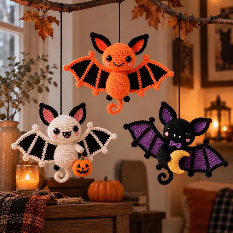 3-in-1 Halloween Bat Crochet Pattern PDF | Cute Bat Amigurumi & Hanging Ornament | Pumpkin & Crescent Moon Bat Decor | Digital Download