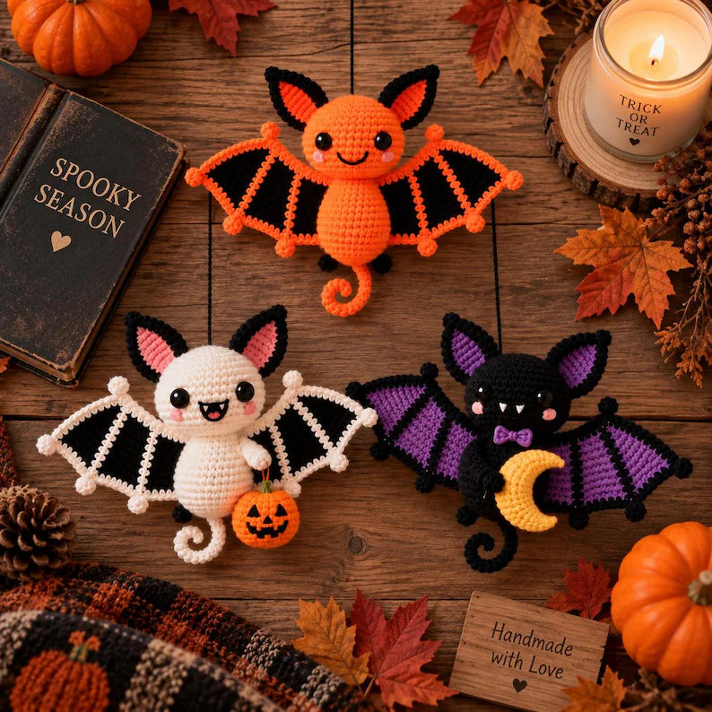 3-in-1 Halloween Bat Crochet Pattern PDF | Cute Bat Amigurumi & Hanging Ornament | Pumpkin & Crescent Moon Bat Decor | Digital Download