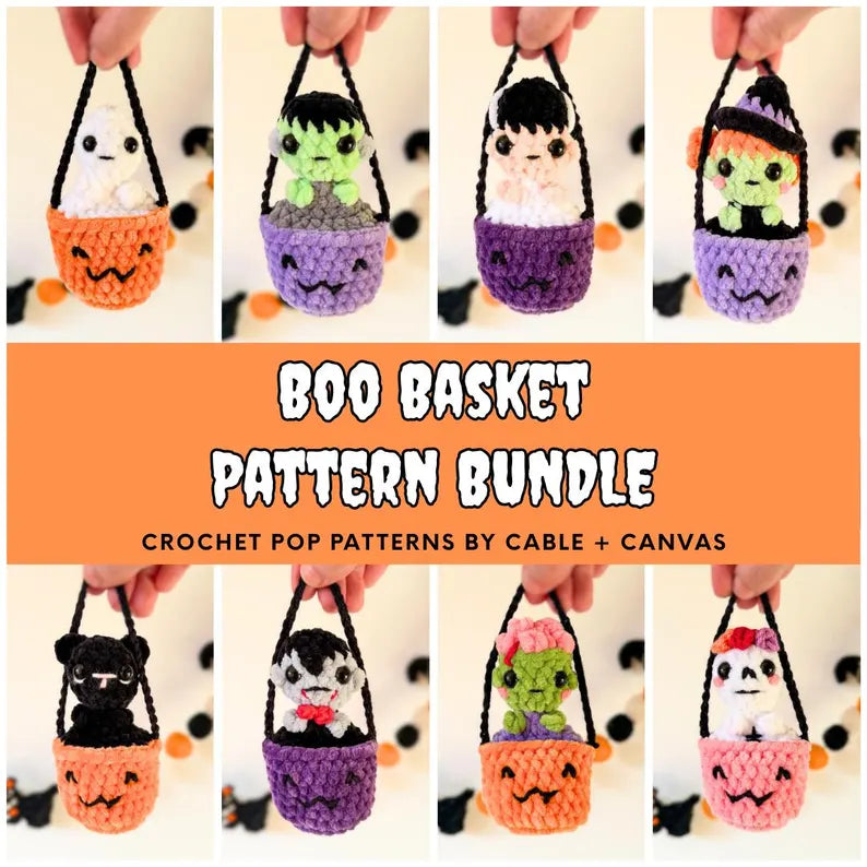 8-in-1 Boo Basket Popping Crochet Pattern Bundle PDF | Halloween Fidget Amigurumi | Ghost Witch Frankenstein Cat Skeleton | Digital Download