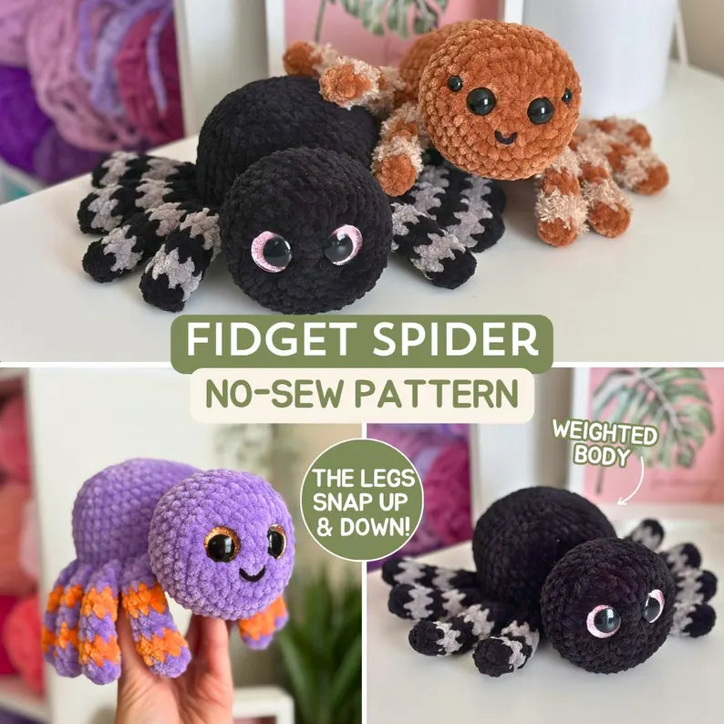 No-Sew Fidget Spider Crochet Pattern PDF | Weighted Amigurumi Spider with Snapping Legs | Cute Halloween Plush Pattern | Digital Download