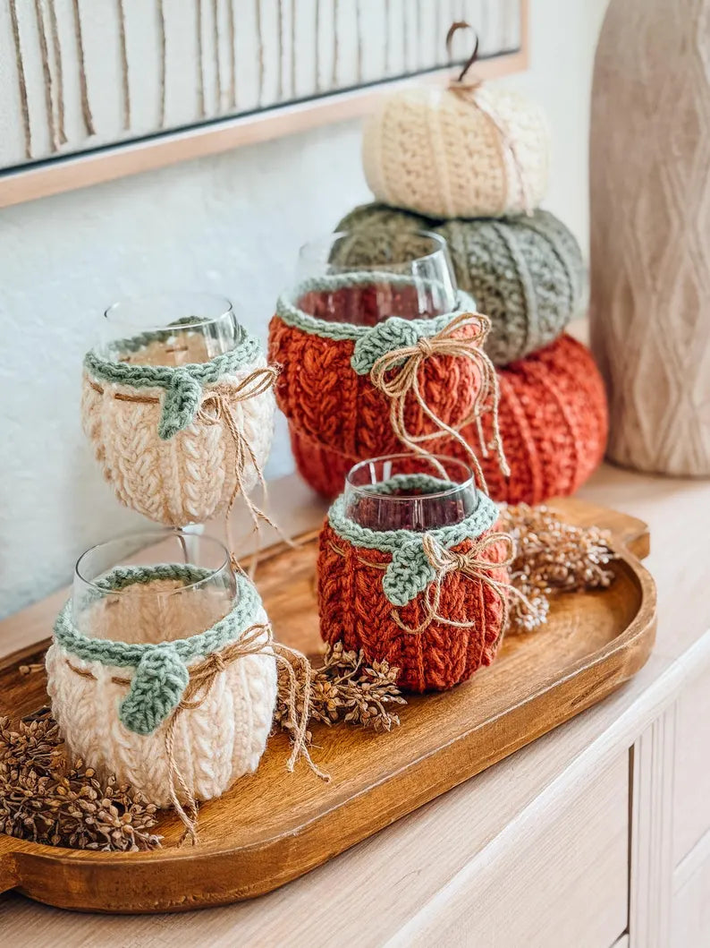 Wheat Stitch Wine Glass Cozy Crochet Pattern PDF | Pumpkin Glass Cover, Fall Table Decor | 4 Sizes + Video Tutorial | Instant Download