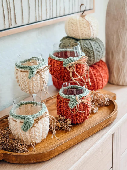 Wheat Stitch Wine Glass Cozy Crochet Pattern PDF | Pumpkin Glass Cover, Fall Table Decor | 4 Sizes + Video Tutorial | Instant Download