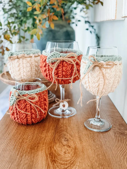 Wheat Stitch Wine Glass Cozy Crochet Pattern PDF | Pumpkin Glass Cover, Fall Table Decor | 4 Sizes + Video Tutorial | Instant Download