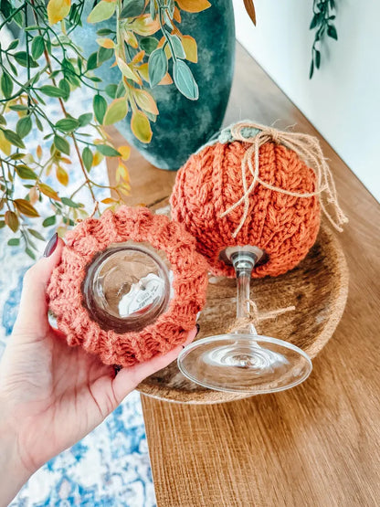 Wheat Stitch Wine Glass Cozy Crochet Pattern PDF | Pumpkin Glass Cover, Fall Table Decor | 4 Sizes + Video Tutorial | Instant Download