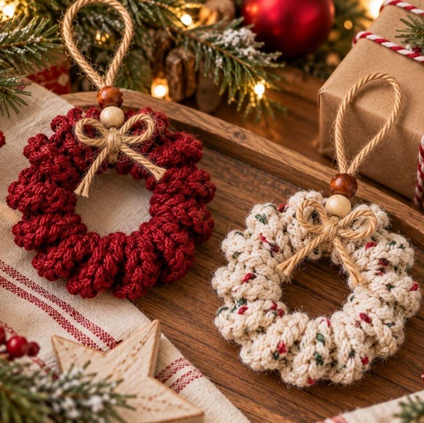 Curly Wreath Crochet Pattern PDF, Mini Christmas Wreath Ornament, Beginner Crochet Pattern, Rustic Holiday Decor, Gift Topper DIY