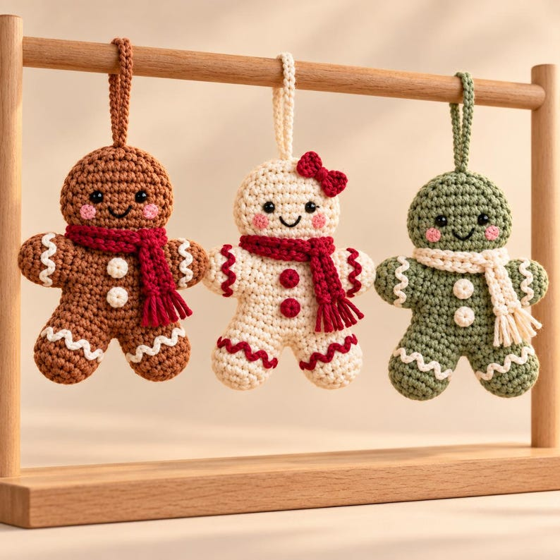 Gingerbread Crochet Ornament Pattern PDF, Christmas Amigurumi, 3 Colorways